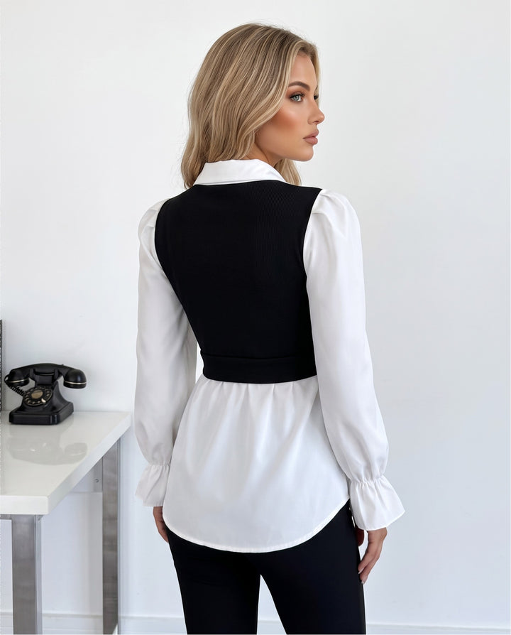 Color-block Puff Long Sleeve Peplum 2-in-1 Blouses