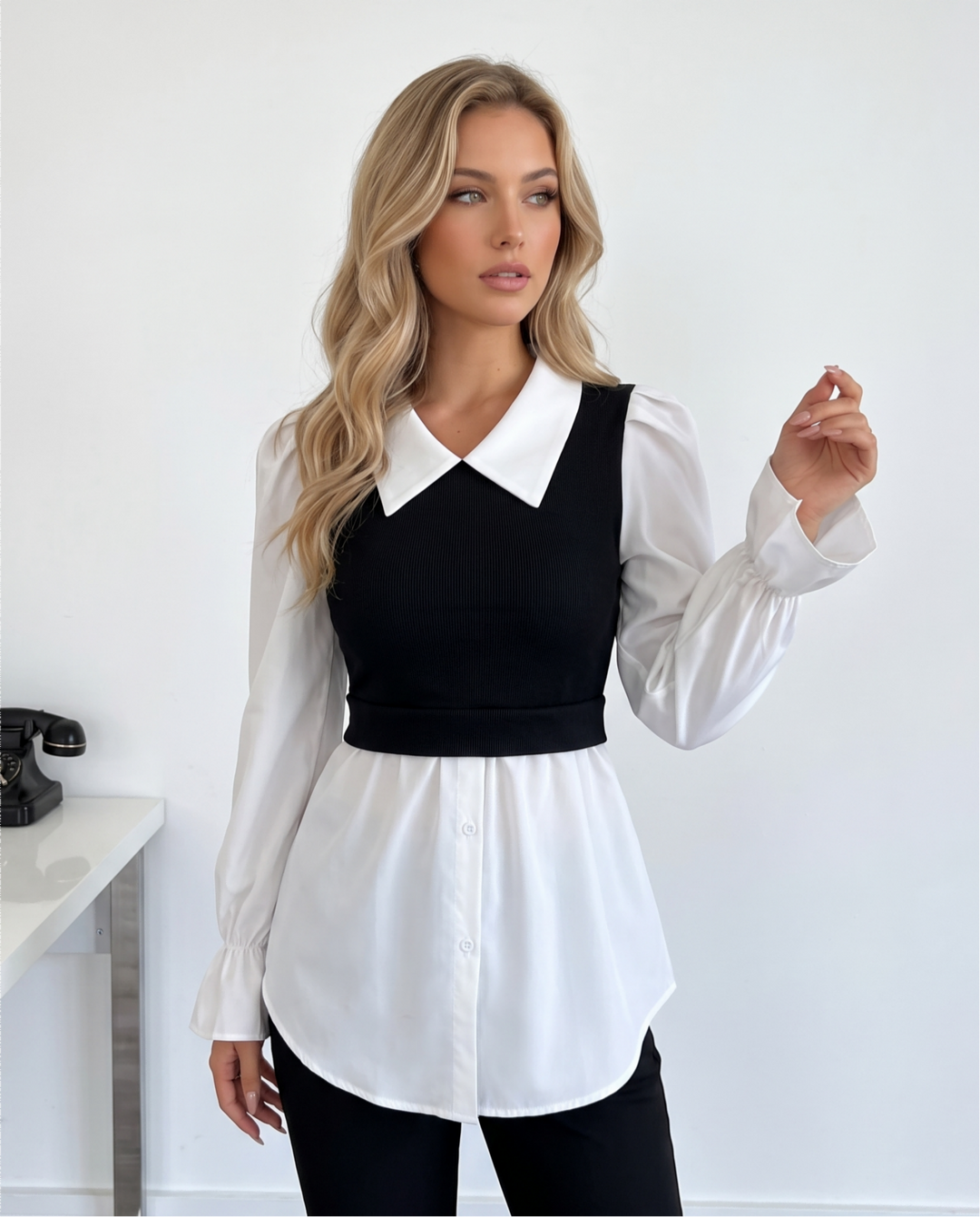Color-block Puff Long Sleeve Peplum 2-in-1 Blouses