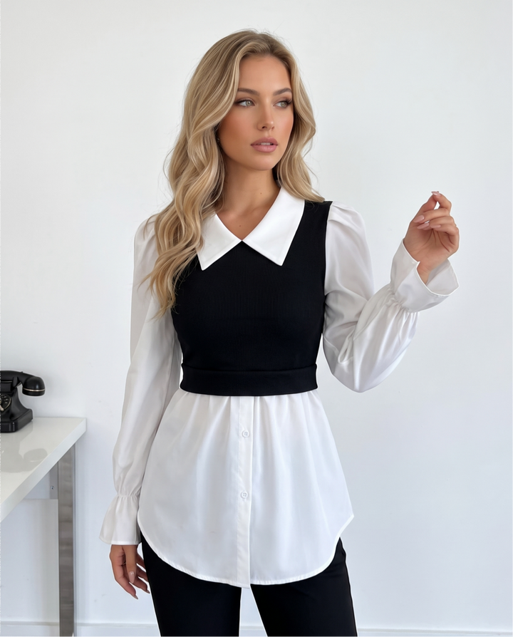 Color-block Puff Long Sleeve Peplum 2-in-1 Blouses