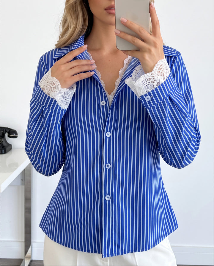 Striped Lace Trim Long Sleeve Button Down Blouse