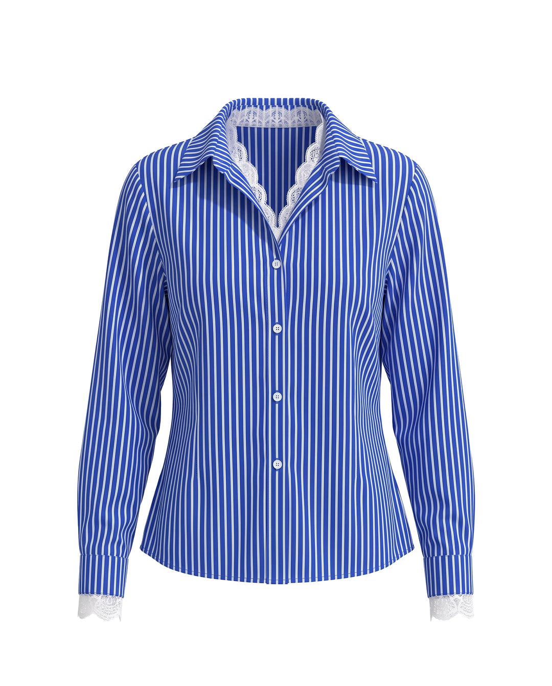 SOLACEStriped Lace Trim Long Sleeve Button Down Blouse