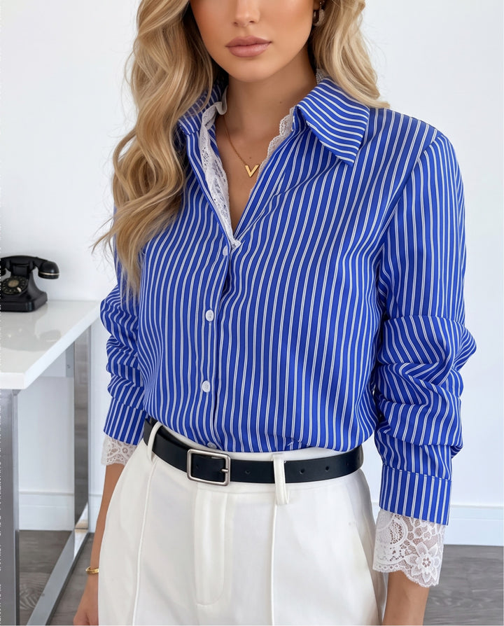 Striped Lace Trim Long Sleeve Button Down Blouse