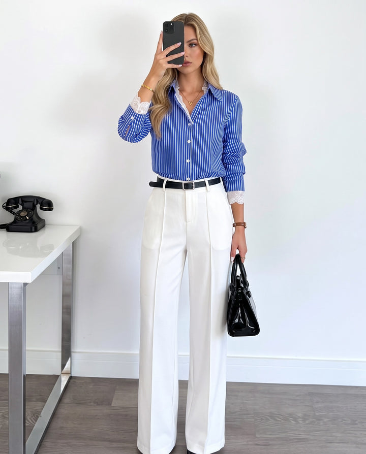 Striped Lace Trim Long Sleeve Button Down Blouse