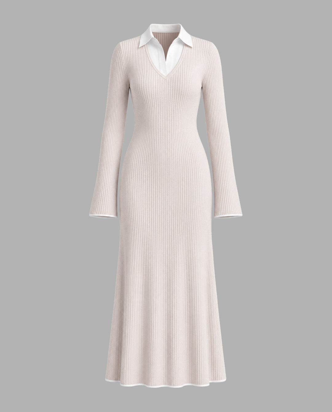 SOLACEColor Block Collared Flare Sleeve Knit Maxi Dress