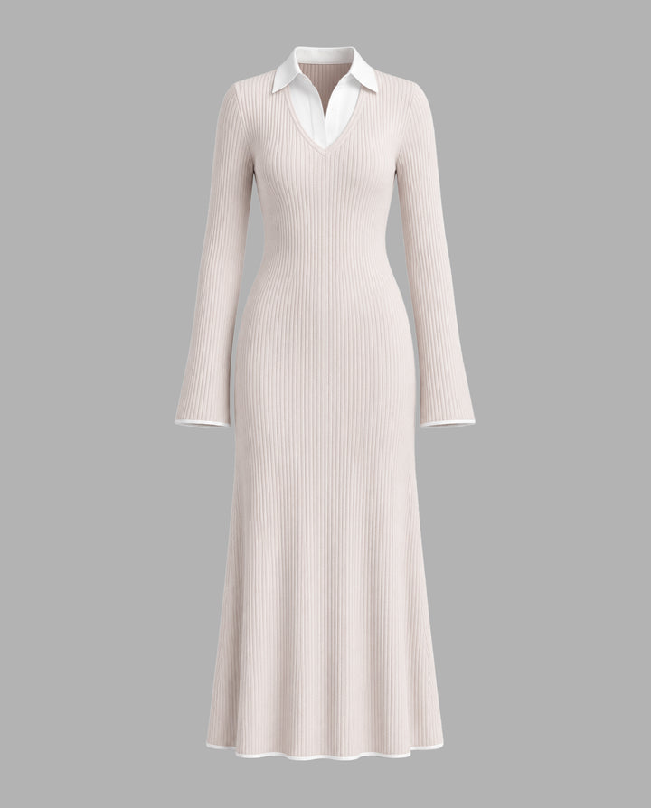 SOLACEColor Block Collared Flare Sleeve Knit Maxi Dress