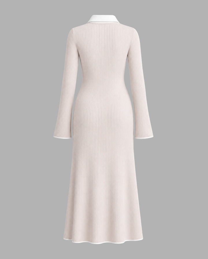 SOLACEColor Block Collared Flare Sleeve Knit Maxi Dress