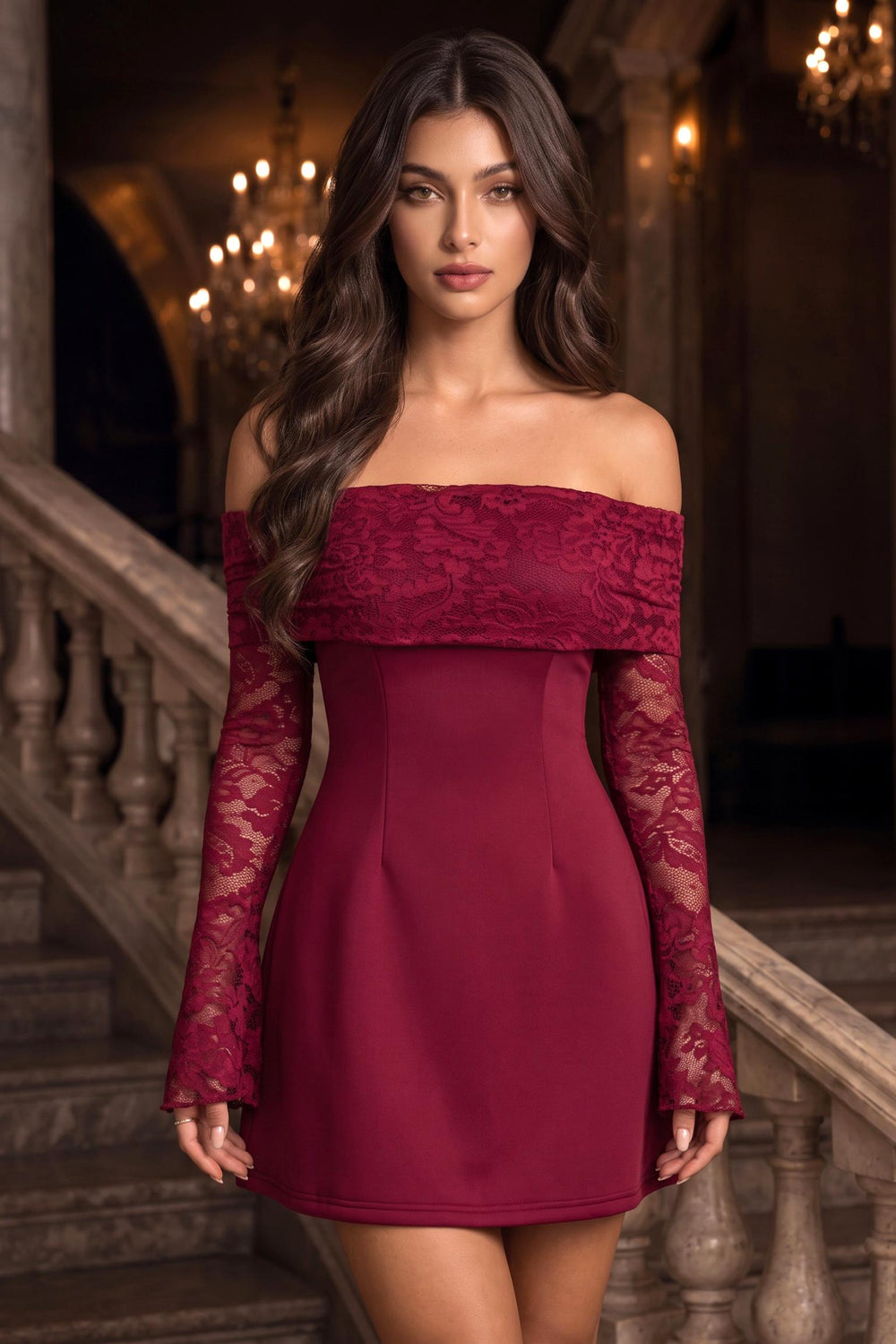 SOLACELace Spliced Off Shoulder Mini Dress