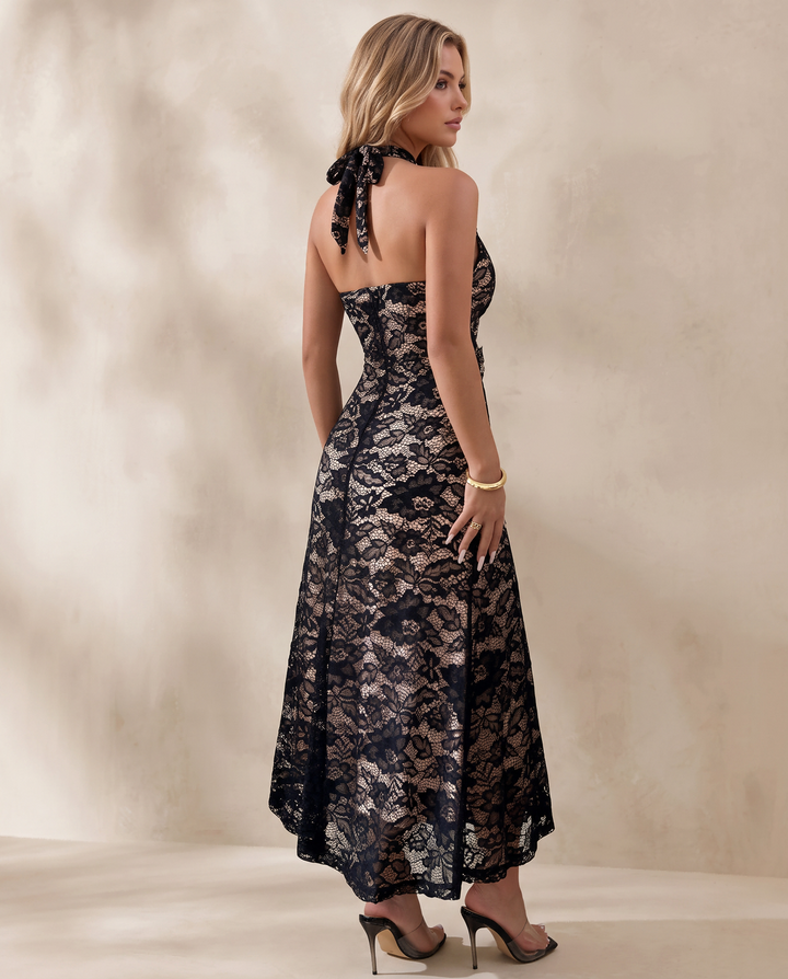 Lace Halter Neck High Slit Maxi Dress