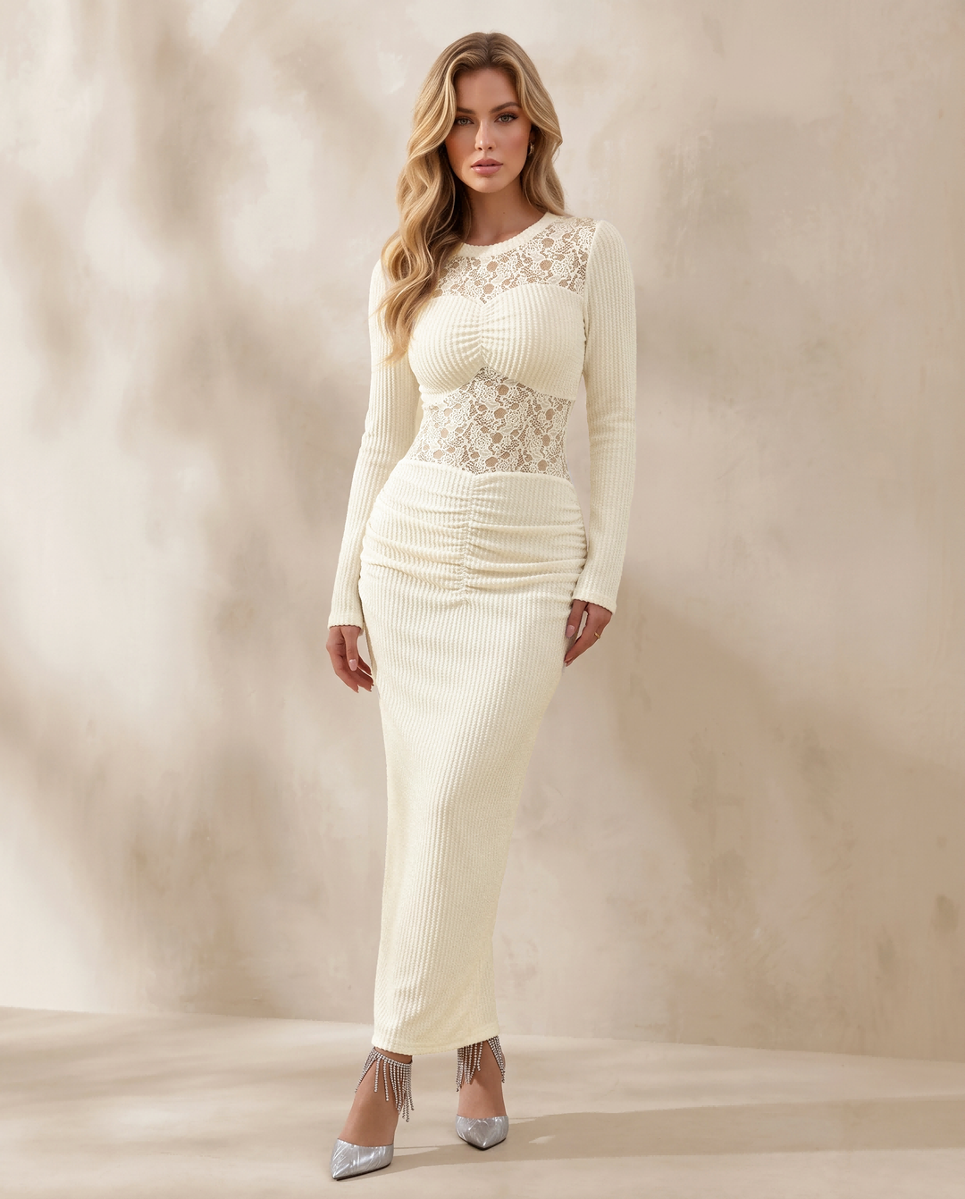 Lace Pleated Back Split Long Sleeve Bodycon Maxi Dress