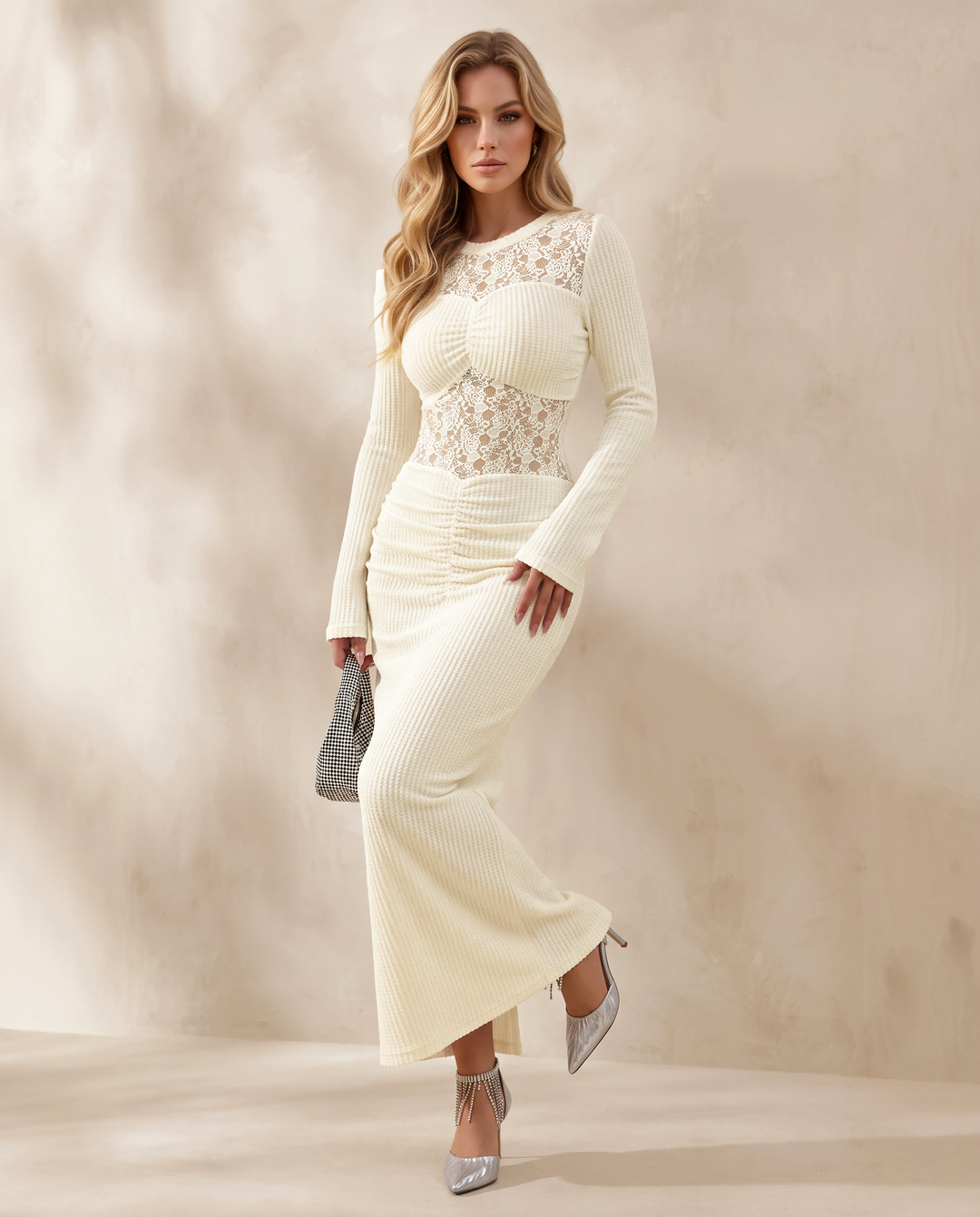 Lace Pleated Back Split Long Sleeve Bodycon Maxi Dress