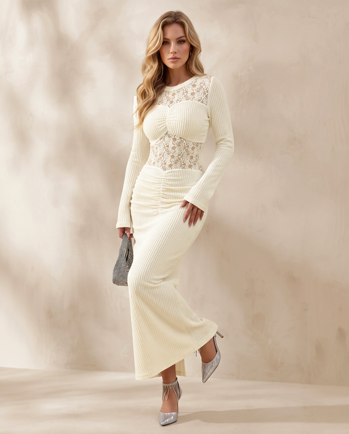 Lace Pleated Back Split Long Sleeve Bodycon Maxi Dress