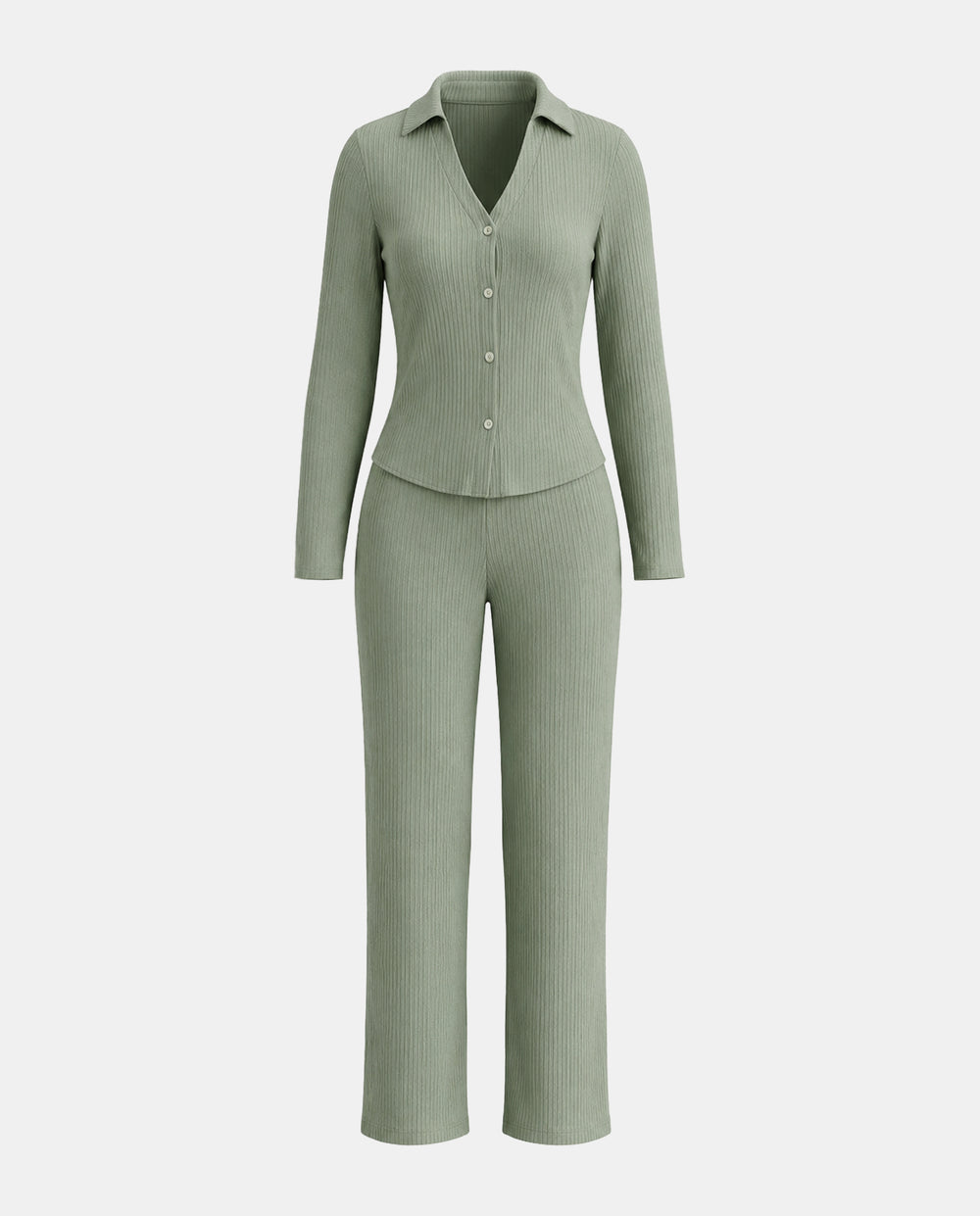 SOLACERibbed Knit Collared Button Top And Pants Two Piece Set