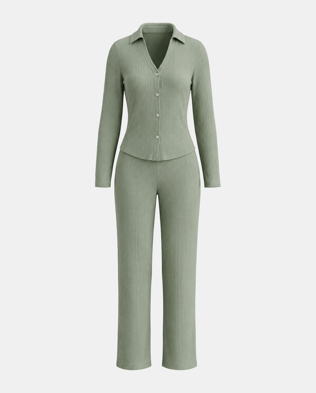 SOLACERibbed Knit Collared Button Top And Pants Two Piece Set