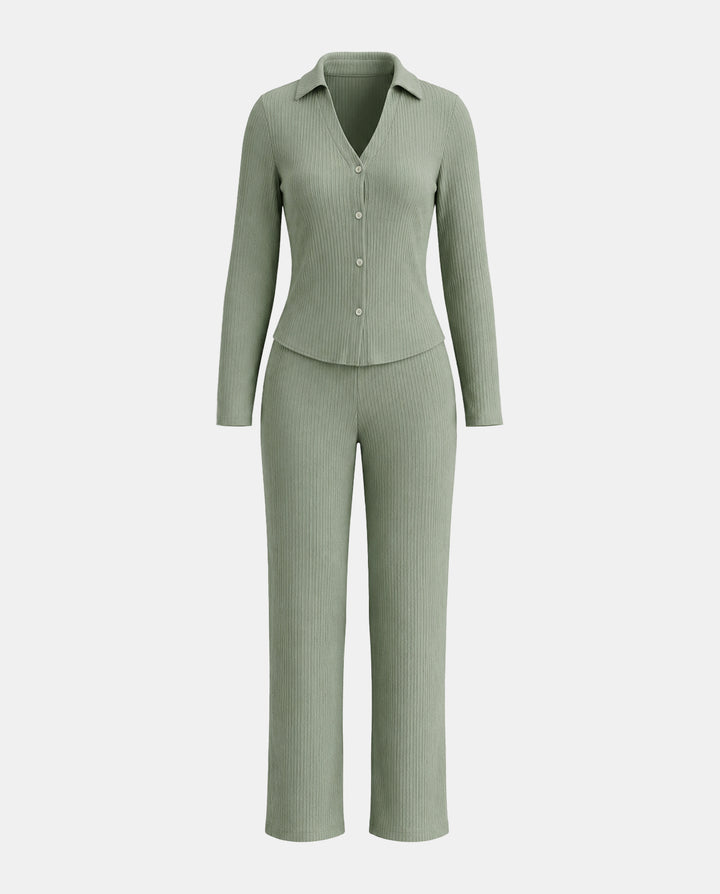 SOLACERibbed Knit Collared Button Top And Pants Two Piece Set