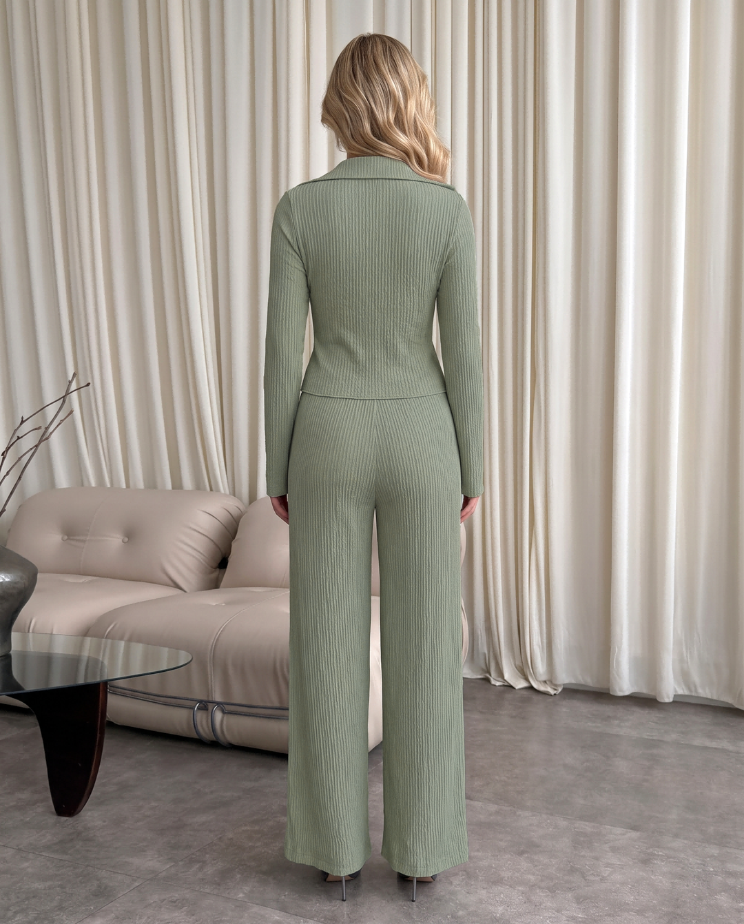 Ribbed Knit Collared Button Top And Pants Two Piece Set