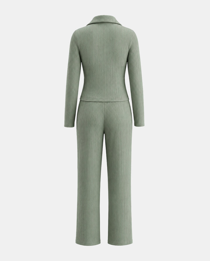 SOLACERibbed Knit Collared Button Top And Pants Two Piece Set