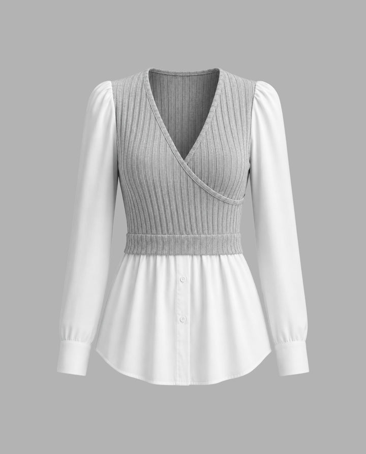 SOLACEColor Block V Neck Wrap Front Waist Cinched Long Sleeve Top