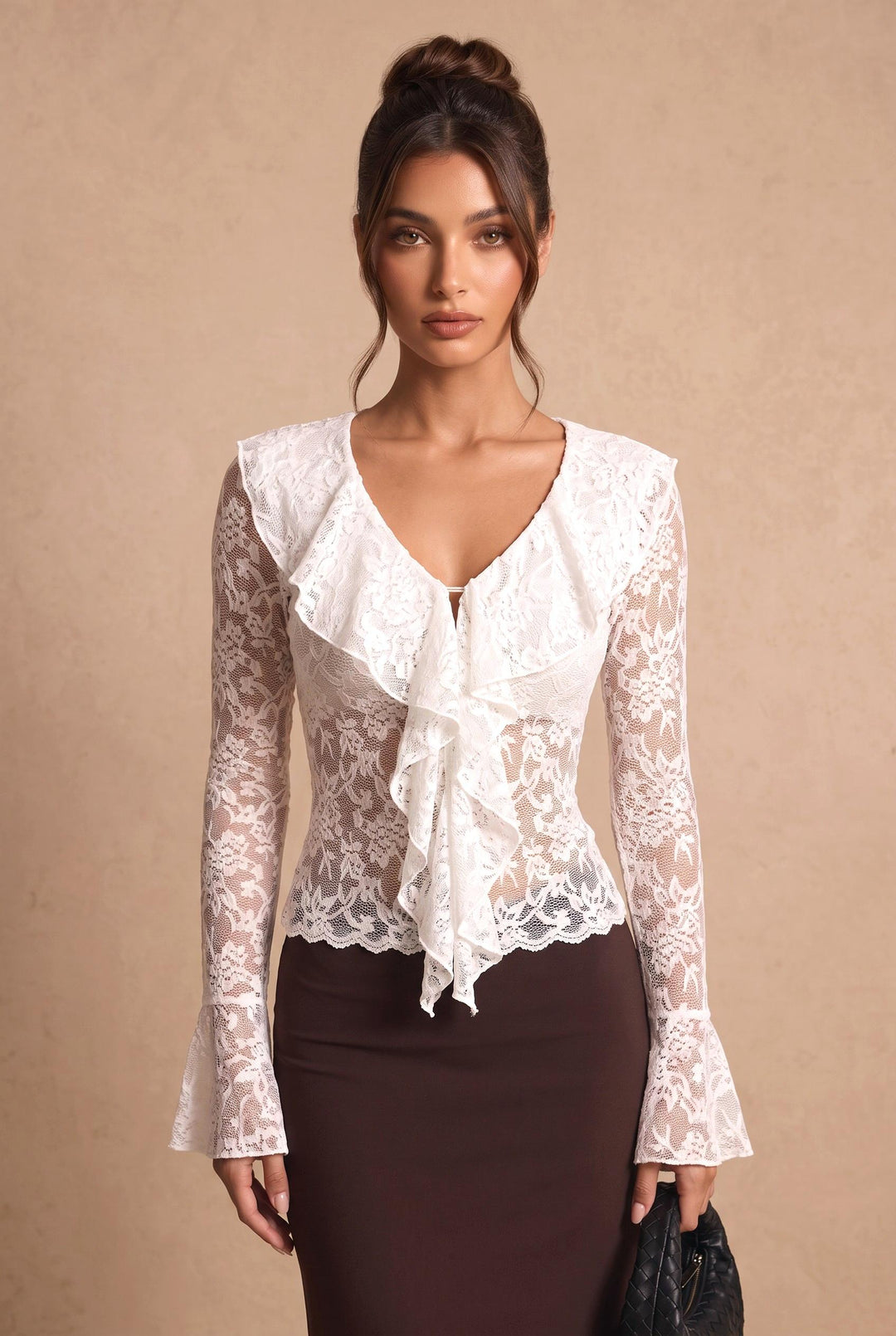 Ruffle Lace Long Flared Sleeve Blouse