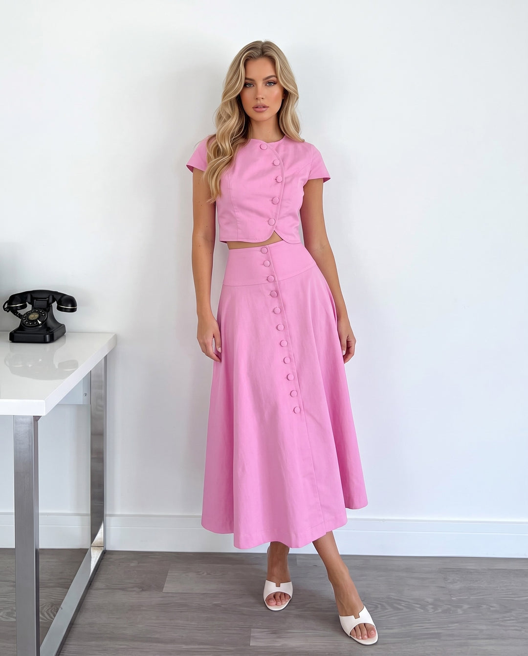 Button Front Cap Sleeve Cropped Top And Midi Skirt 2 Piece Set