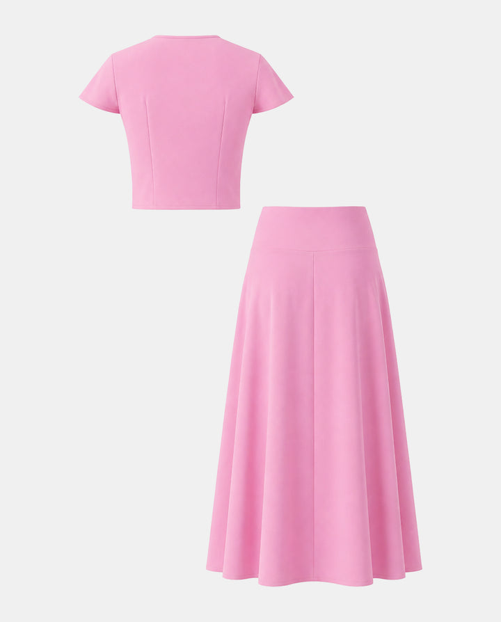SOLACEButton Front Cap Sleeve Cropped Top And Midi Skirt 2 Piece Set