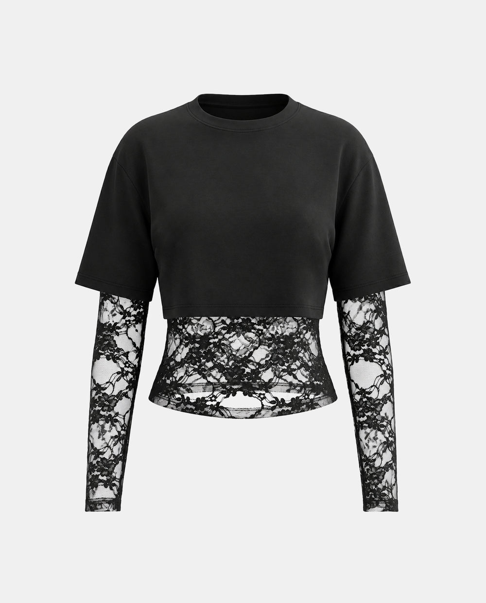 SOLACELayered Lace Hem Cropped Long Sleeve T-Shirt