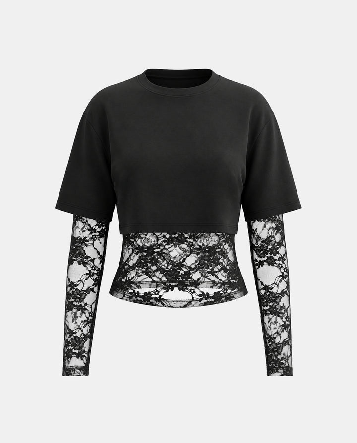 SOLACELayered Lace Hem Cropped Long Sleeve T-Shirt
