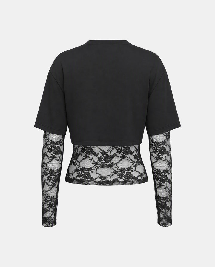 SOLACELayered Lace Hem Cropped Long Sleeve T-Shirt