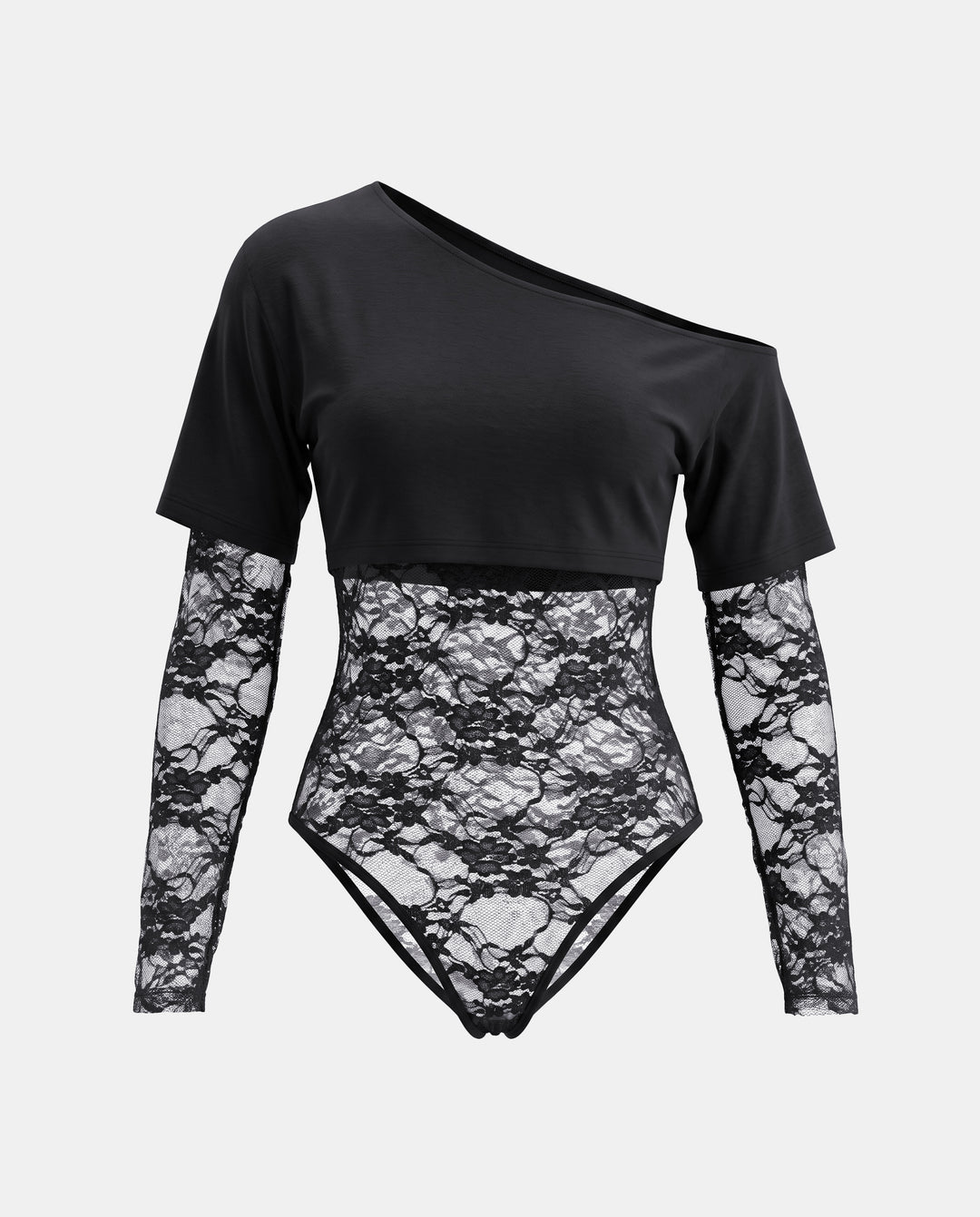 Lace Patchwork One Shoulder Long Sleeve Bodysuit