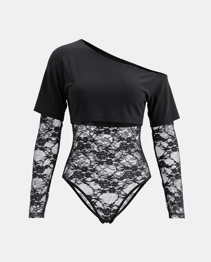 Lace Patchwork One Shoulder Long Sleeve Bodysuit