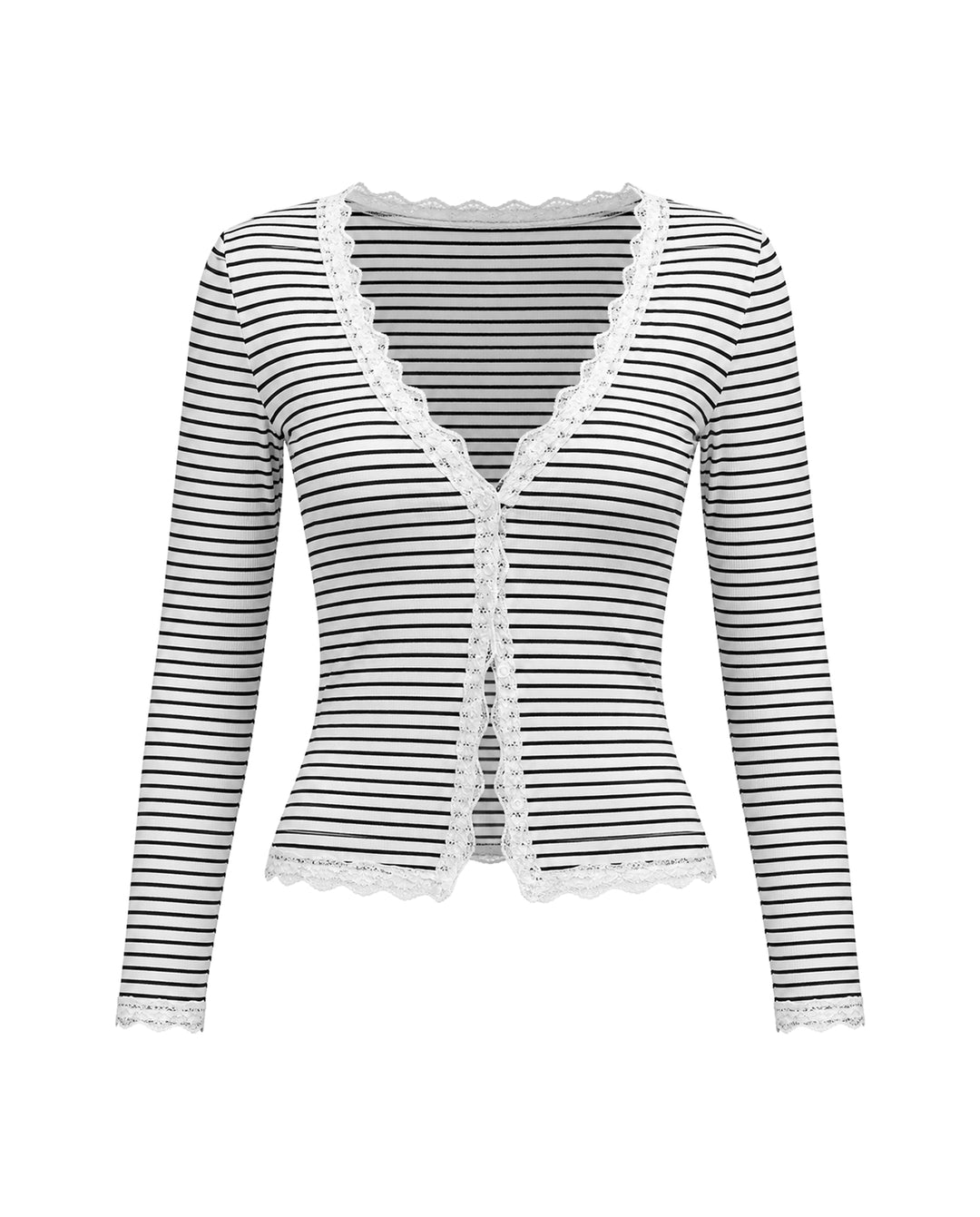 Striped Lace Frill Trim Fitted Long Sleeve Top