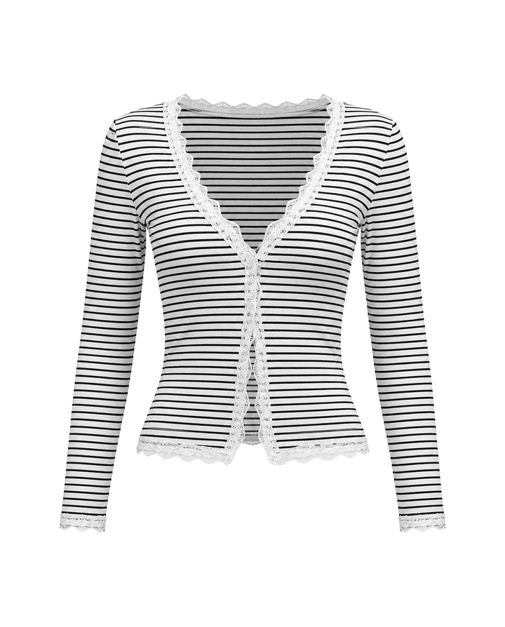 Striped Lace Frill Trim Fitted Long Sleeve Top