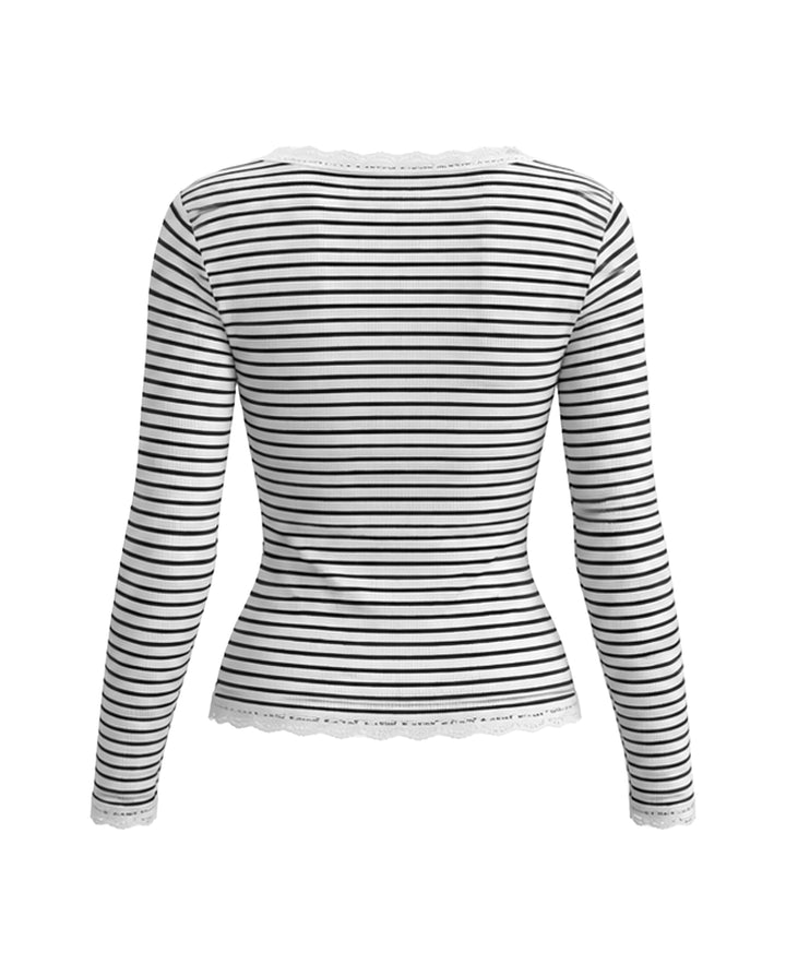 Striped Lace Frill Trim Fitted Long Sleeve Top