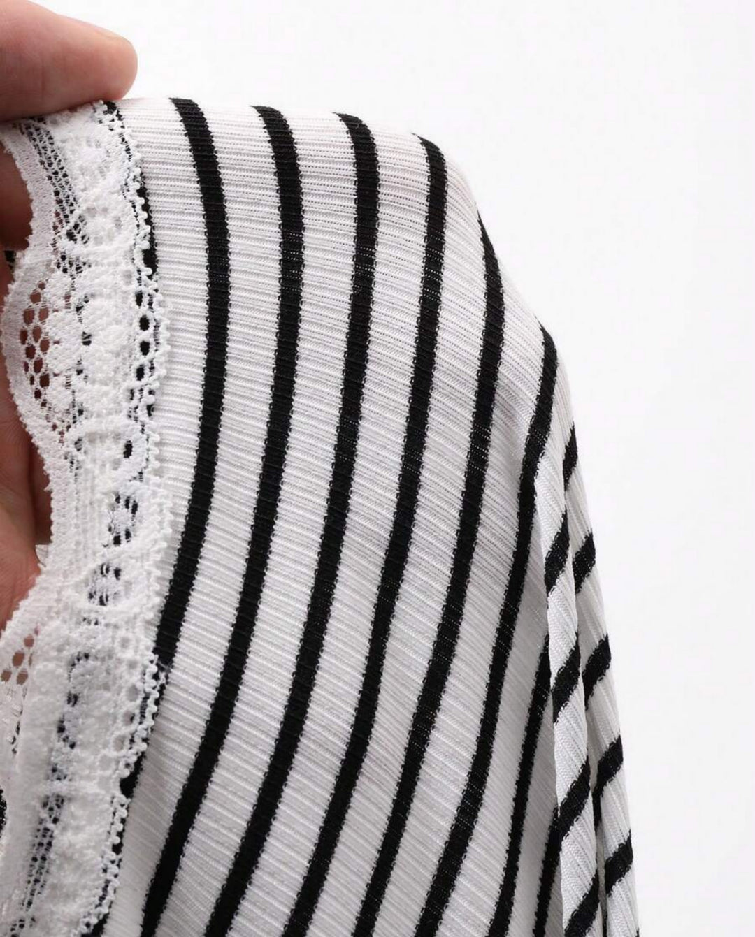 Striped Lace Frill Trim Fitted Long Sleeve Top