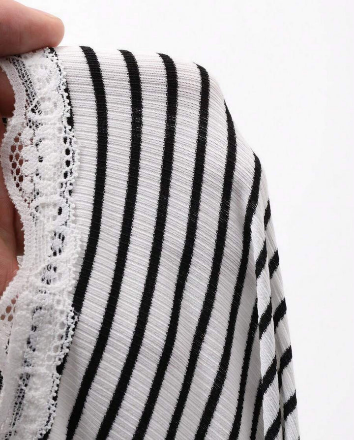 Striped Lace Frill Trim Fitted Long Sleeve Top
