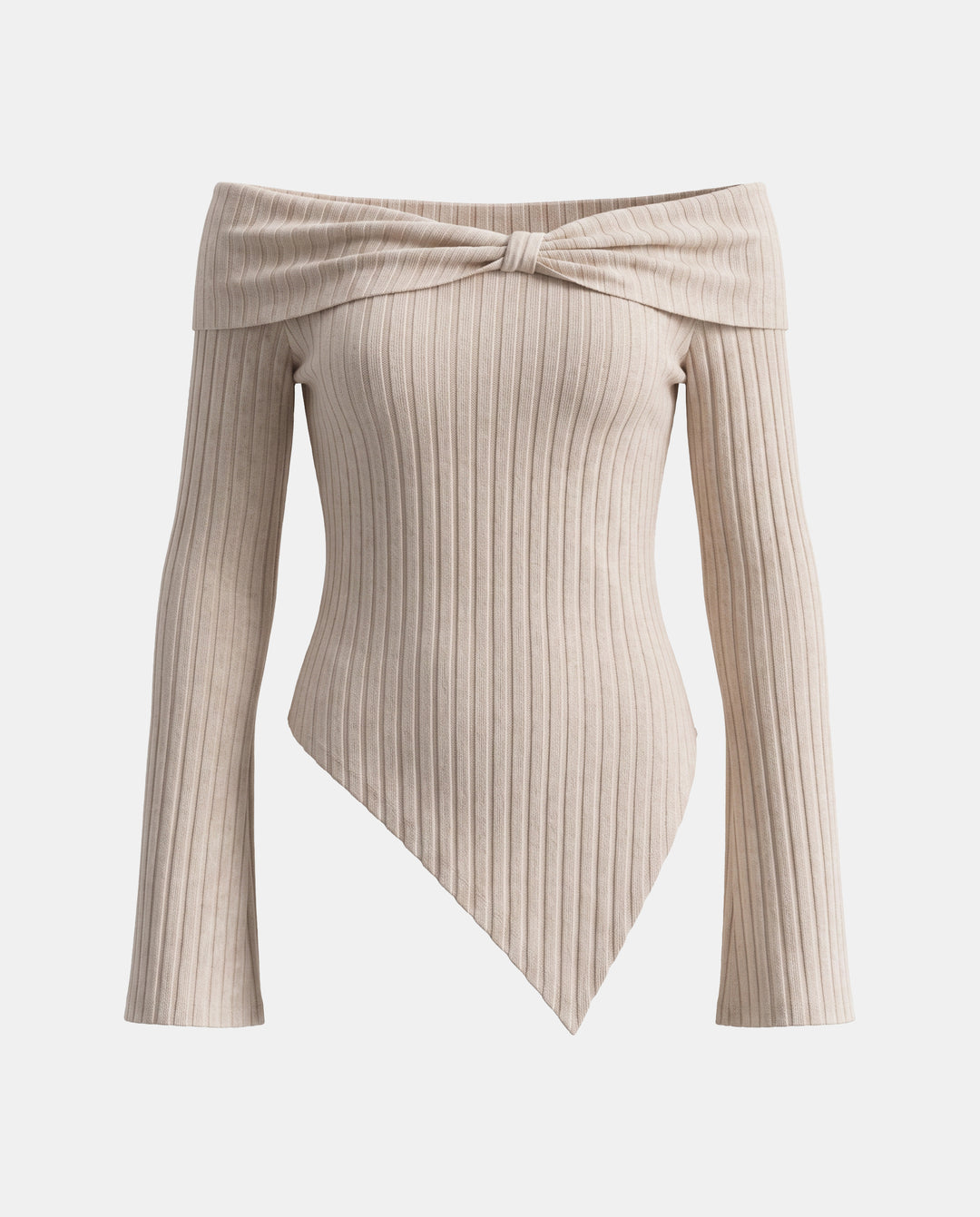 Off-Shoulder Ribbed Asymmetric Hem Knit T-Shirt