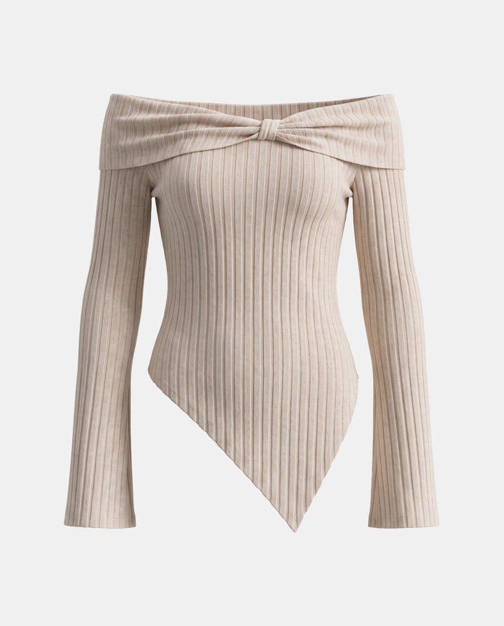 Off-Shoulder Ribbed Asymmetric Hem Knit T-Shirt
