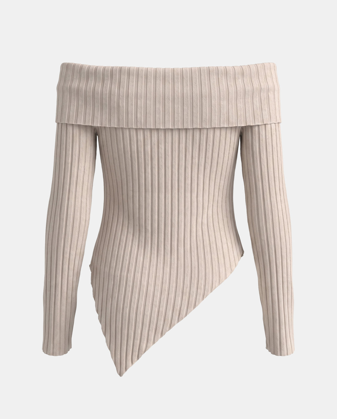 Off-Shoulder Ribbed Asymmetric Hem Knit T-Shirt