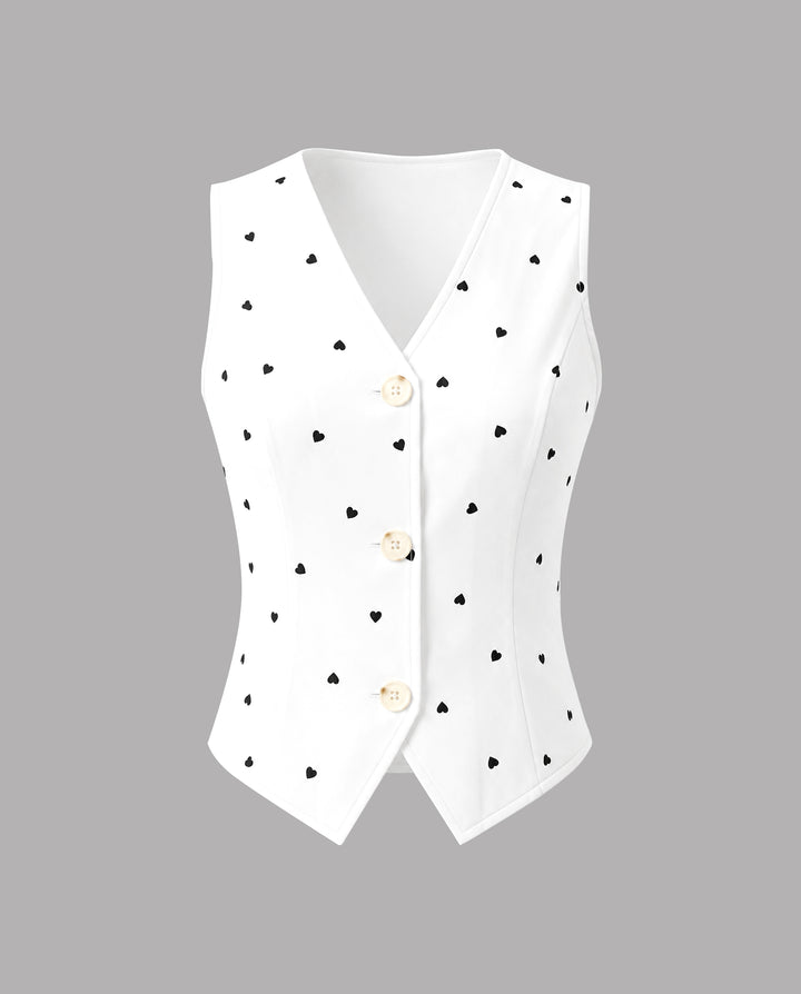 SOLACEHeart Print V Neck Button Down Cropped Vest Top