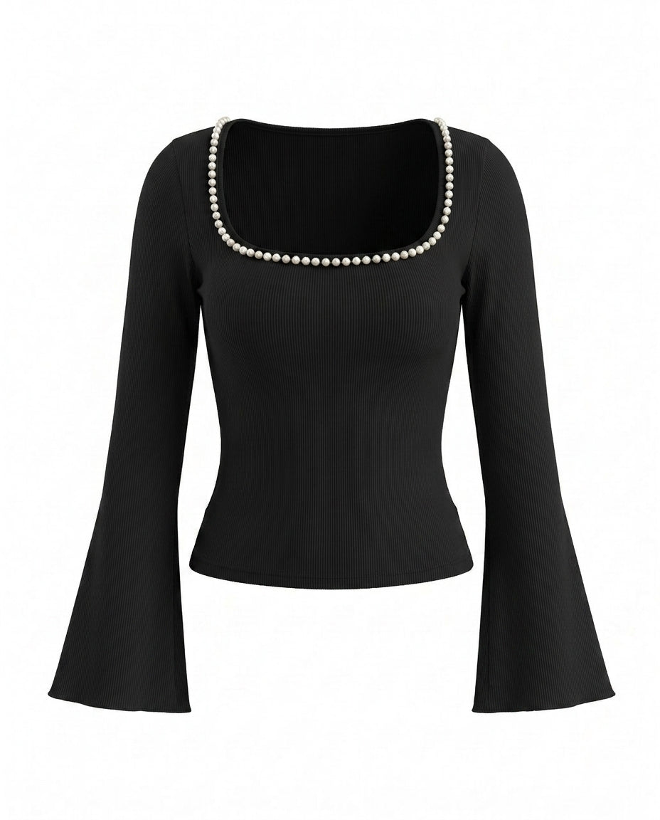 Elegant Pearl Decor Square Collar Bell Sleeve T-Shirt