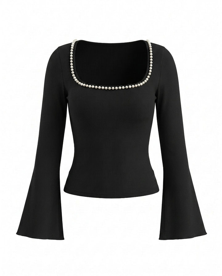 Elegant Pearl Decor Square Collar Bell Sleeve T-Shirt