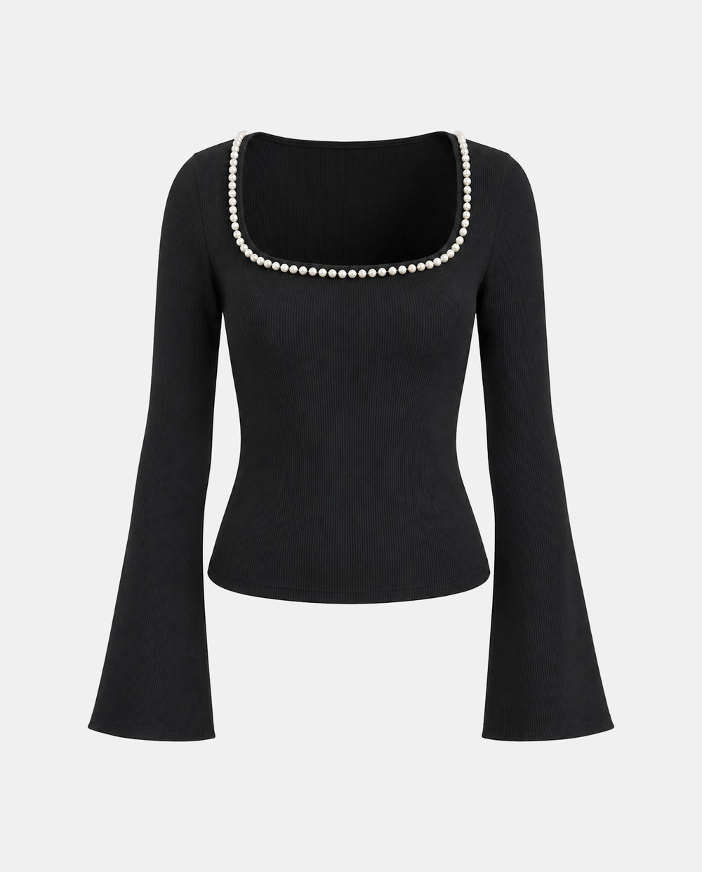 SOLACEElegant Pearl Decor Square Collar Bell Sleeve T-Shirt