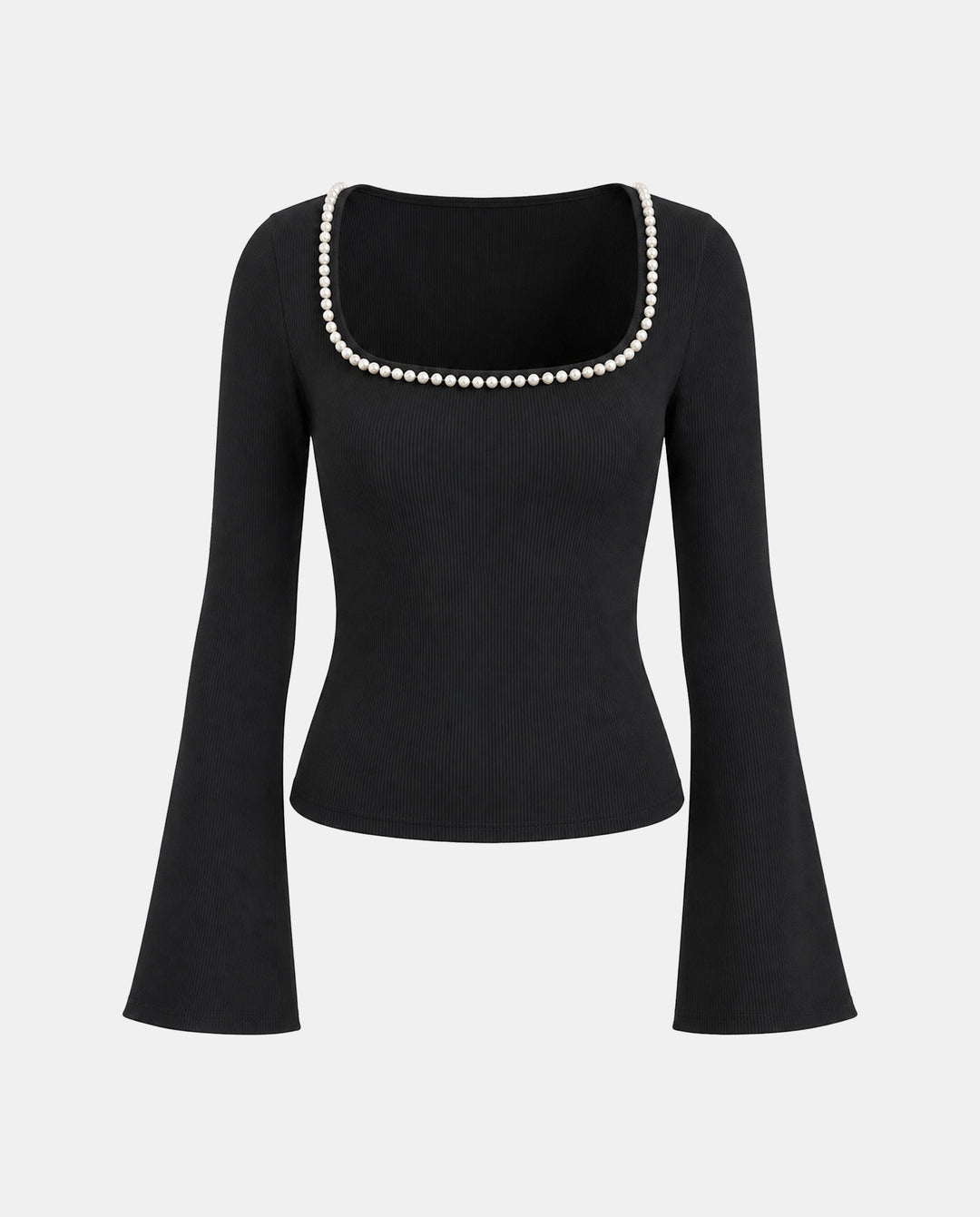 SOLACEElegant Pearl Decor Square Collar Bell Sleeve T-Shirt