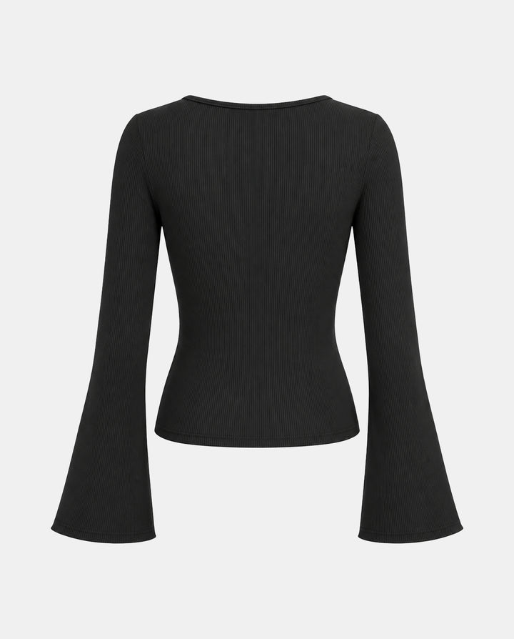 SOLACEElegant Pearl Decor Square Collar Bell Sleeve T-Shirt