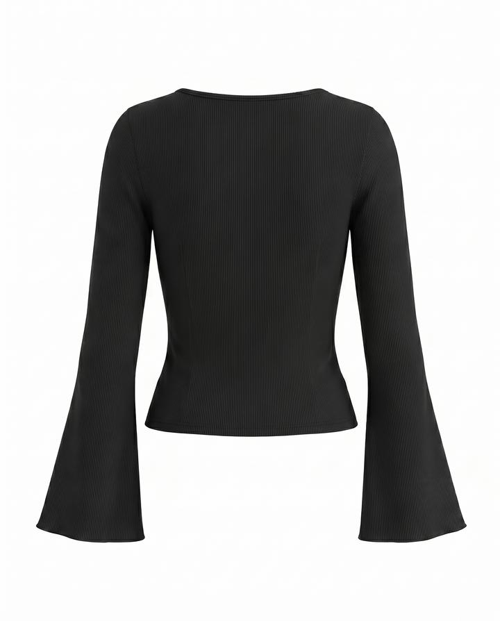 Elegant Pearl Decor Square Collar Bell Sleeve T-Shirt