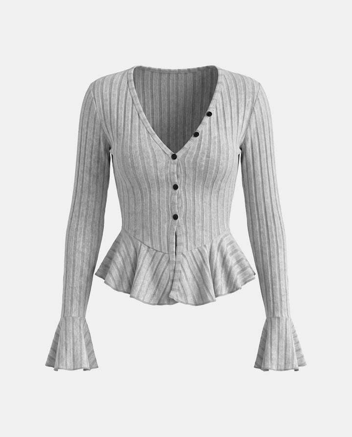 SOLACERibbed Knit Flared Bell Sleeve Ruffle Hem T-Shirt