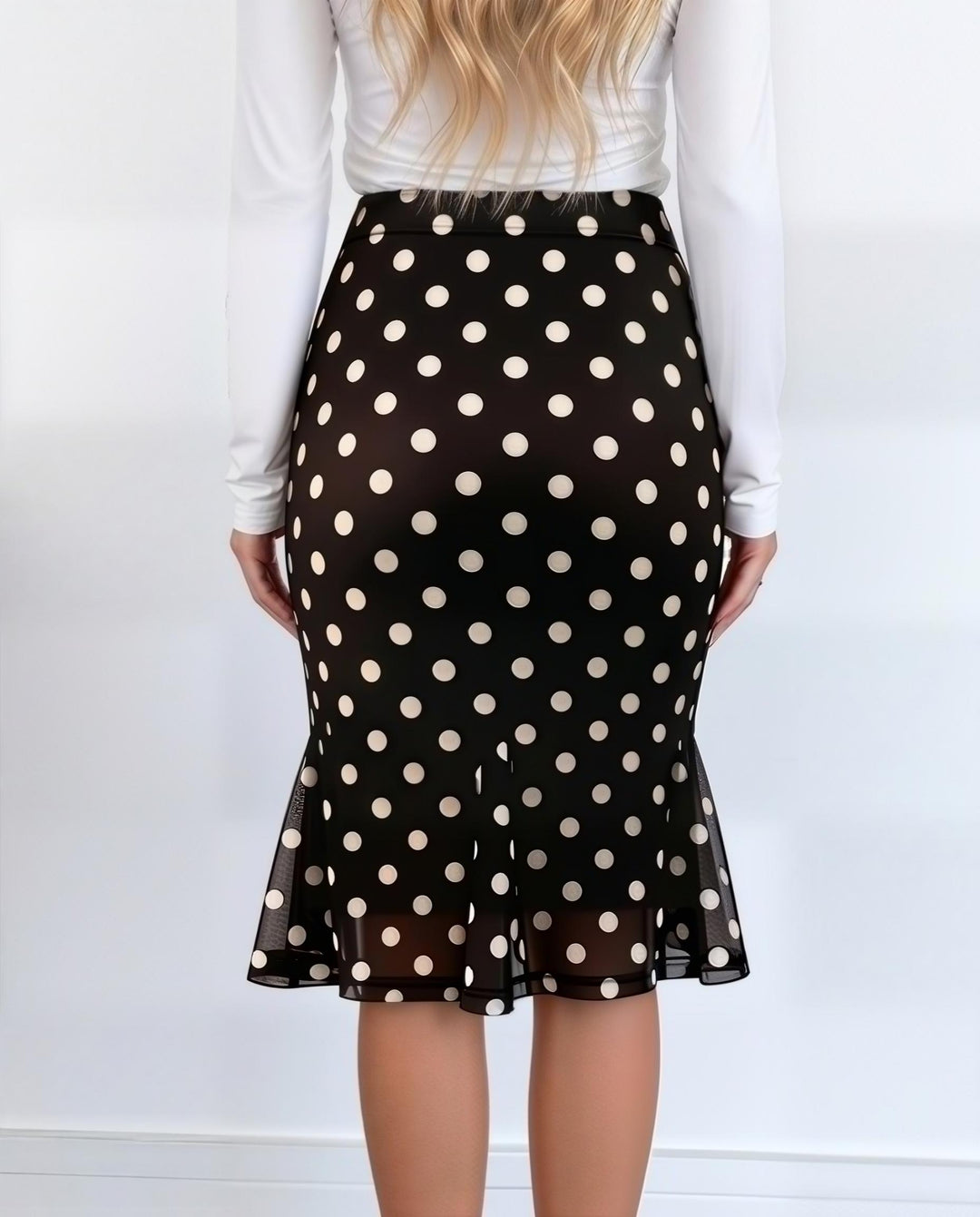 Casual Polka Dot Sheer Mesh Ruffle Hem Midi Skirt