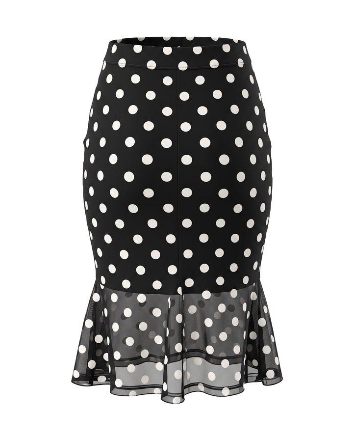 SOLACECasual Polka Dot Sheer Mesh Ruffle Hem Midi Skirt