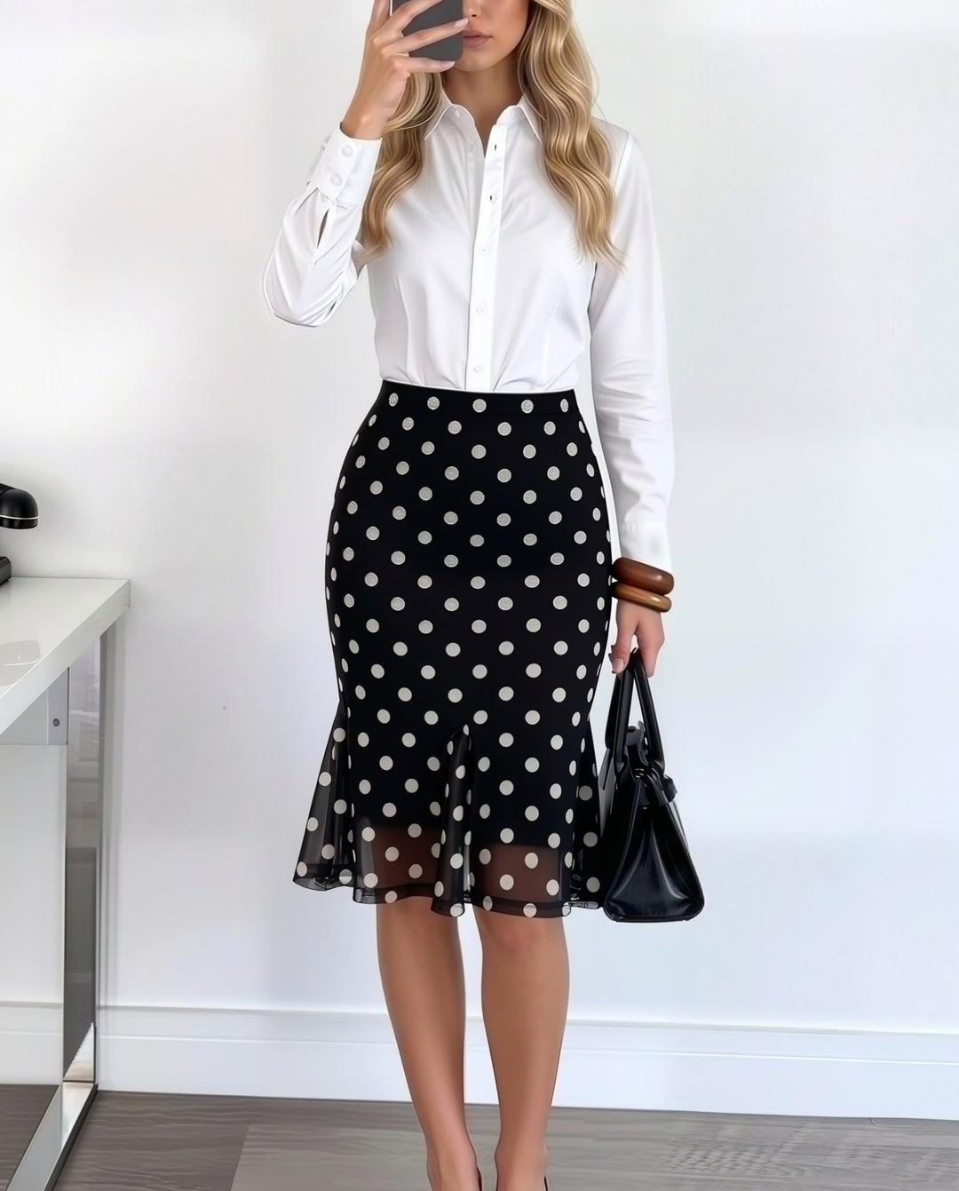 Casual Polka Dot Sheer Mesh Ruffle Hem Midi Skirt