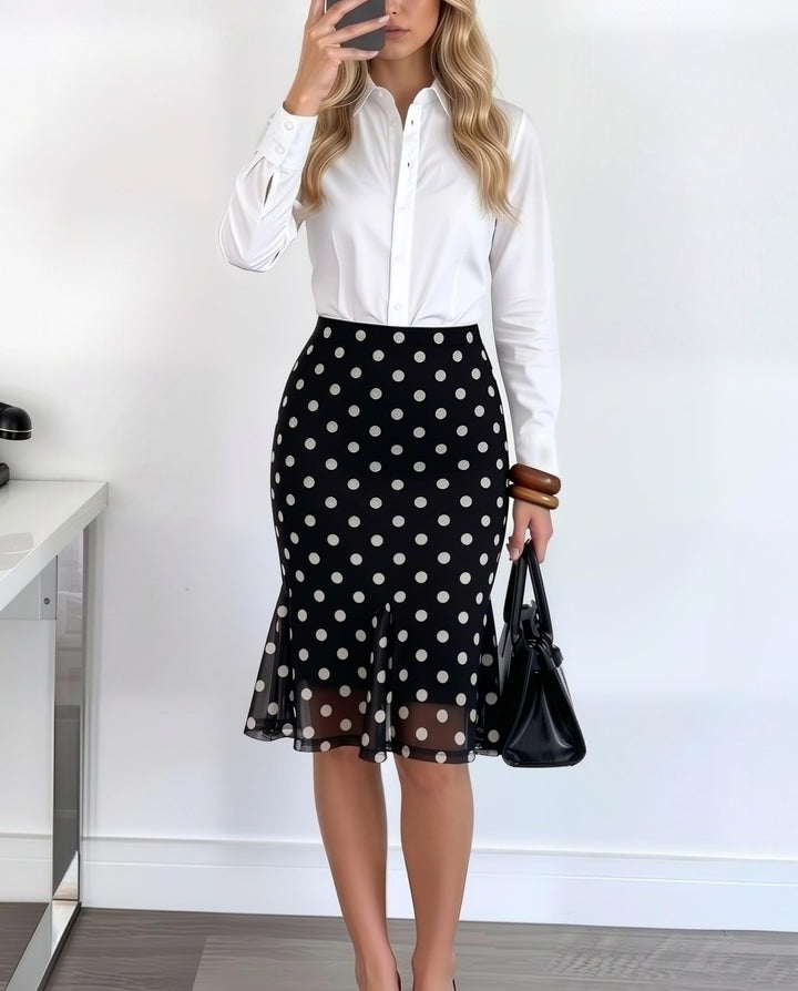 Casual Polka Dot Sheer Mesh Ruffle Hem Midi Skirt