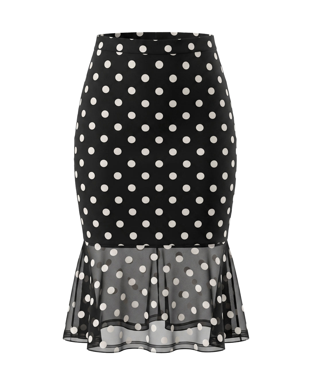 SOLACECasual Polka Dot Sheer Mesh Ruffle Hem Midi Skirt